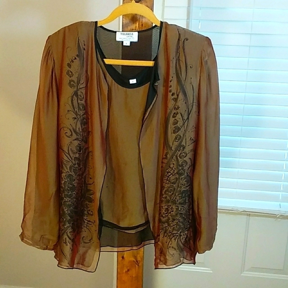 Yolanda Lorente Vintage Brown Silk 2 Piece Set Size L Hand Paint Floral Art Work